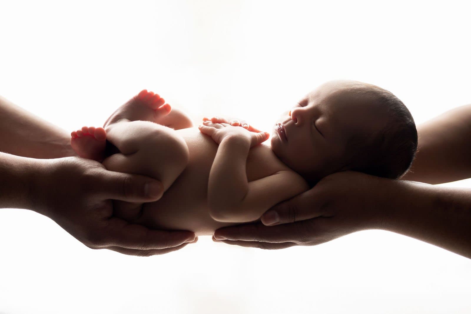 Fotografía newborn Querétaro - manos de papás sosteniendo a su recién nacido con contraluz